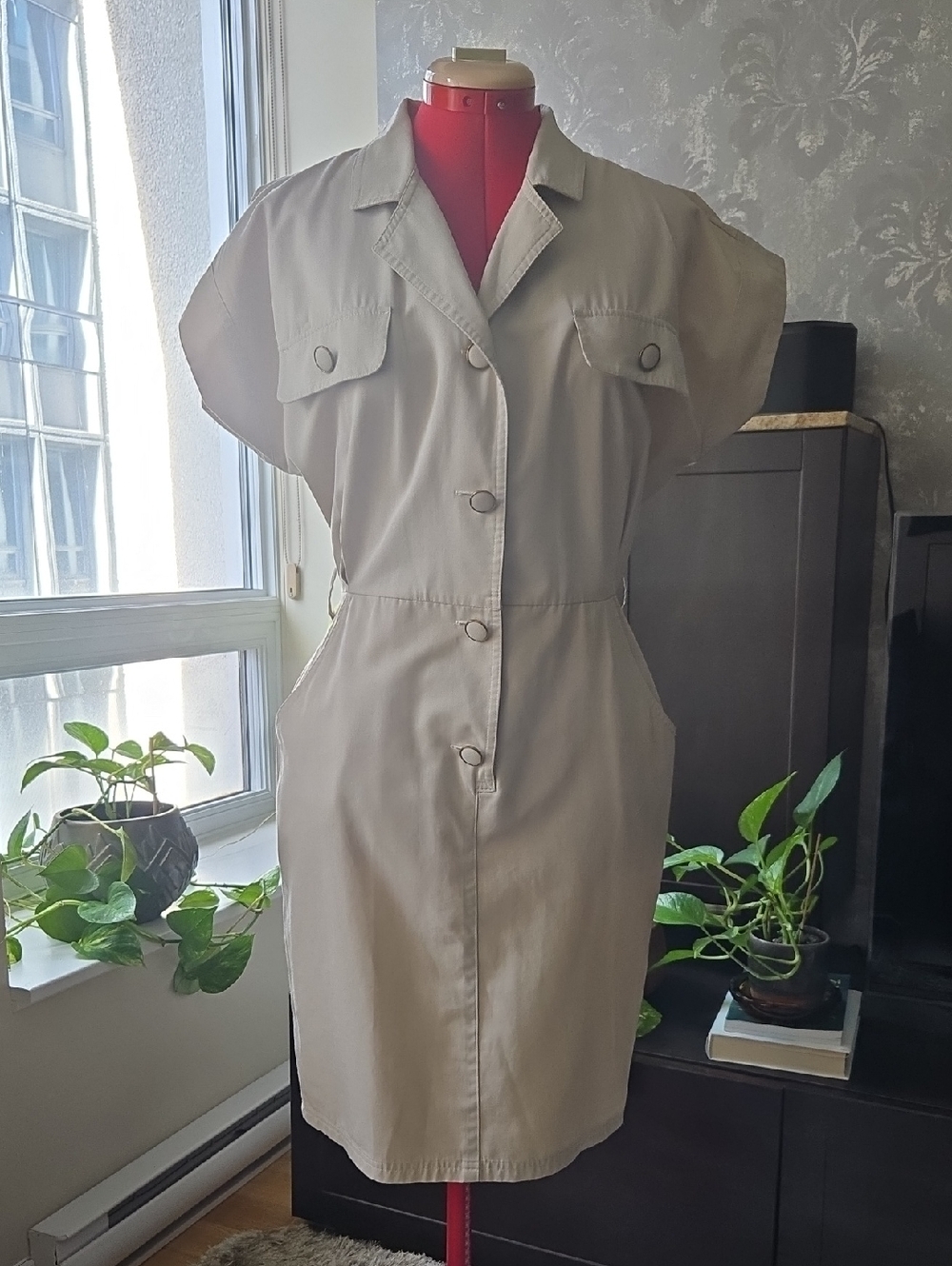 Vintage Beige Utility Shirt Dress